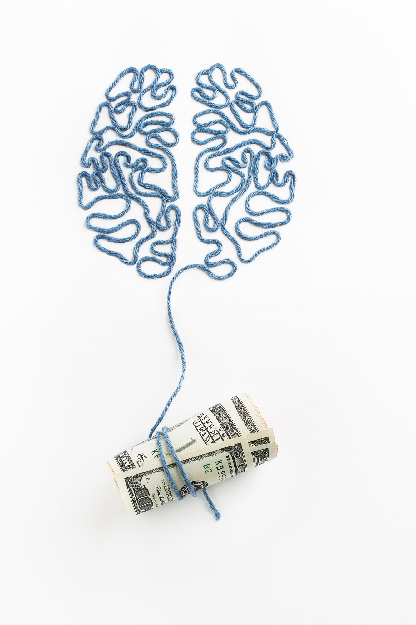 Brain and money connected by a thread on a white background